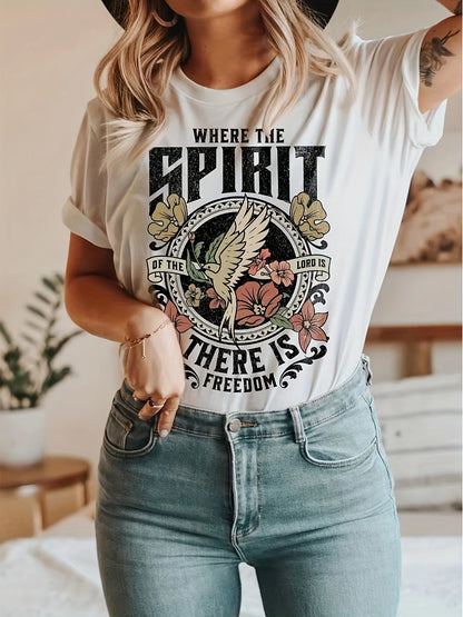 1215 Spirit Bird & Letter Print Crew Neck T-Shirt, Casual Short Sleeve Top For Spring & Summer, Women's Clothing