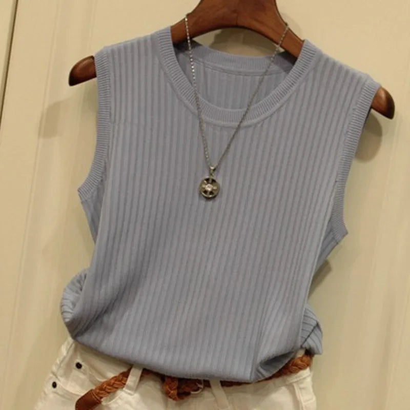 zjaiss 2024 Summer New Fashion Knitted Vests O-neck Sleeveless Casual Thin Tops Sleeveless Blouse Women Shirt