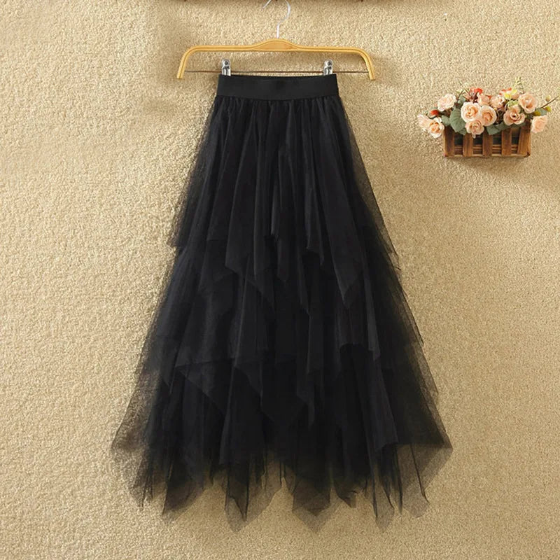 Summer Irregular Lace Mesh Skirt Womens High Waist Underskirt Ballet Irregular Skirt Long Midi Skirts Mesh Pleated Skirt