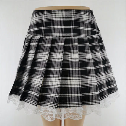 FICHOR Mall Goth Gothic Lace Ruffle Mini Skirts Womens Harajuku Fairy Grunge Pink Plaid Pleated Skirt Japanese Lolita Streetwear