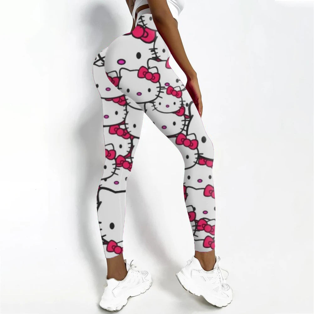 Women's sports and fitness leggings with Hello Kitty print stretch and sexy yoga pants for training, running, gym, fast drying,