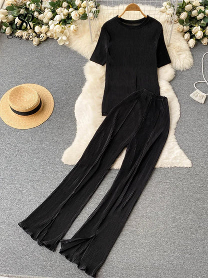 SINGREINY Pleated Fashion Solid Set Women Loose O Neck Tops Elastic Waist Split Wide Leg Long Pants Ladies Elegant Two Piece Set