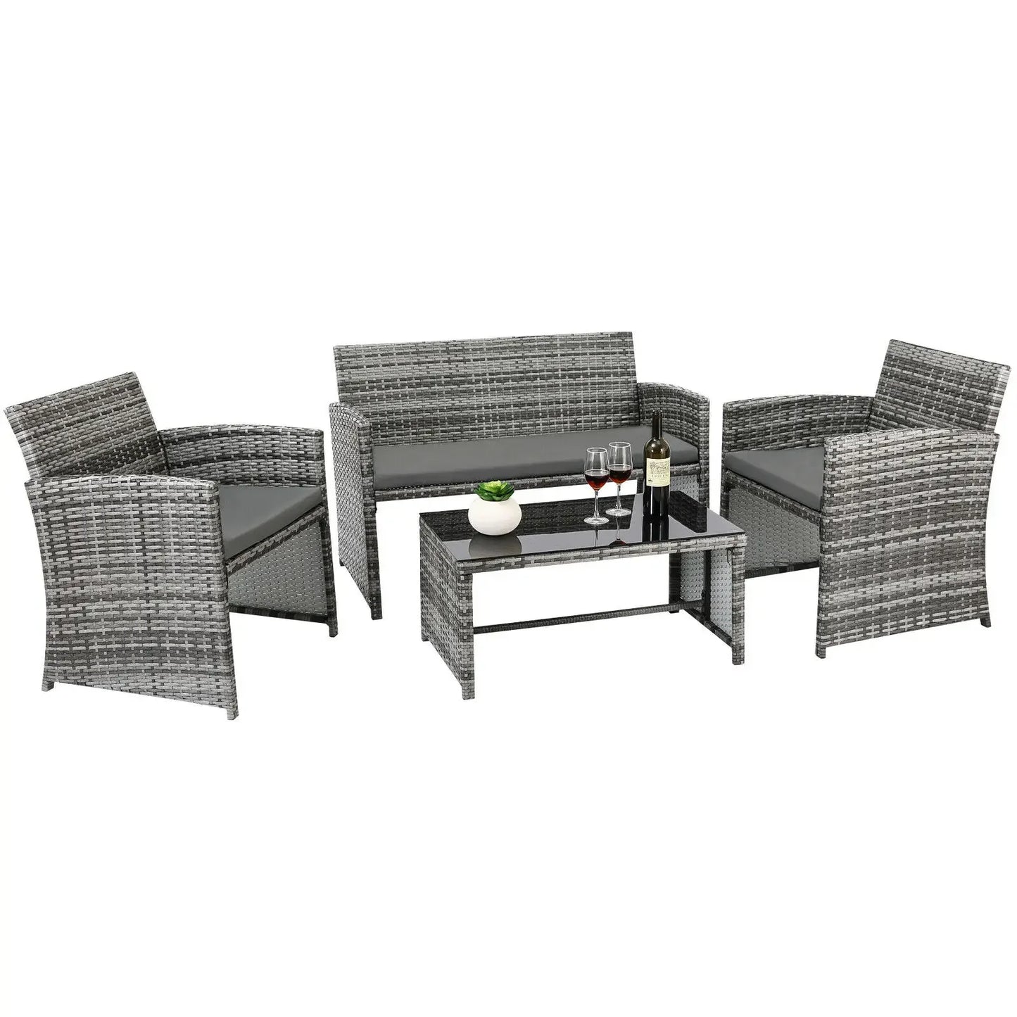 4Pcs Rattan Garden Furniture Set Garden Sofa Set Outdoor Table and Chairs, 3-Sofa, 1 Glass Table Patio Furniture Set