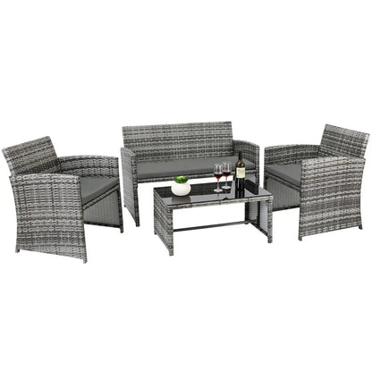 4Pcs Rattan Garden Furniture Set Garden Sofa Set Outdoor Table and Chairs, 3-Sofa, 1 Glass Table Patio Furniture Set