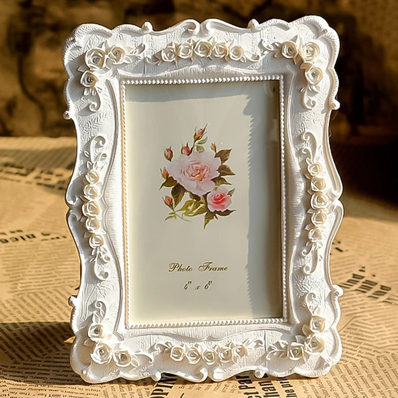 6/7/8inch Retro White Photo Frame European Style Resin Rose Flower Poster Picture Frame Stand Home Office Tabletop Decoration