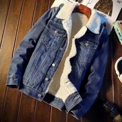 Winter Vintage Fleece-lined Denim Jacket Men's Wear Trendy Cotton-padded Coat Casual Scene Other Material