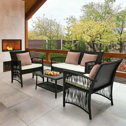 Rattan Garden Furniture Set Outdoor 4Pcs PE Rattan Patio Furniture Weaving Wicker Sofa Set Cushion Glass Table W/ Chairs Balcony