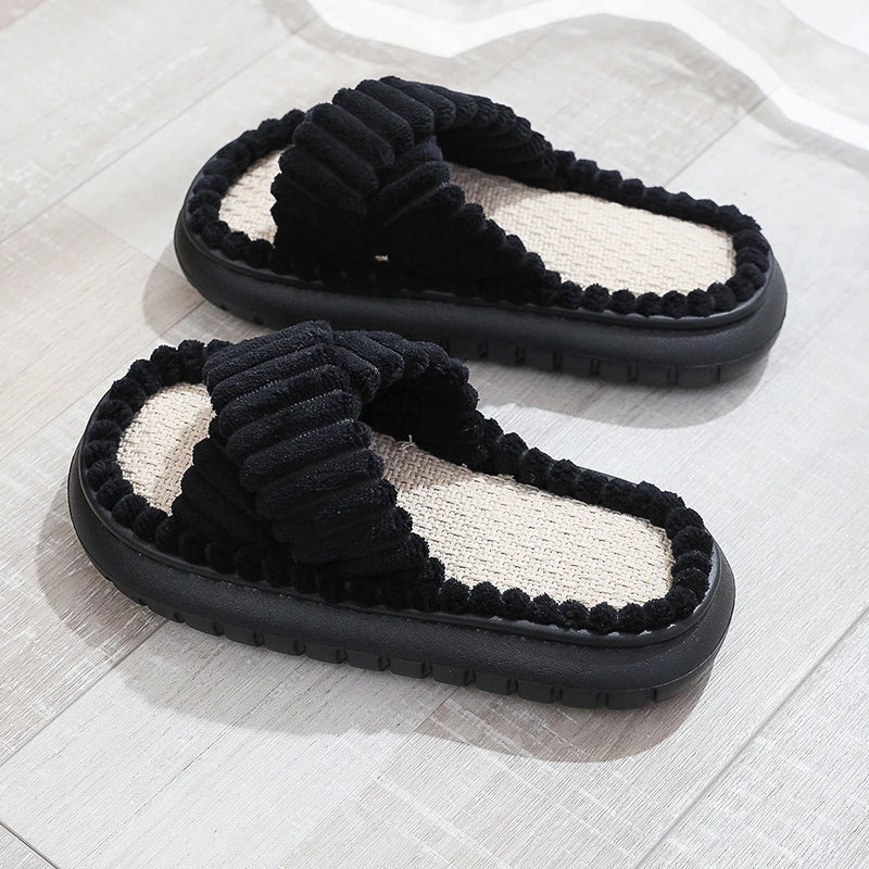 New Women Home Slippers 2023 Autumn Winter Open-Toe Cross Band Linen Soled Indoor Slides Linen Soled Non-Slip Bathroom Slippers