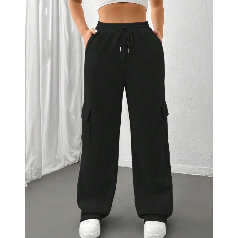 Women's Casual Sports Pants 2024 Autumn/winter Lady Fashionable Side Pocket Versatile Solid Color Straight Sweatpants Trousers