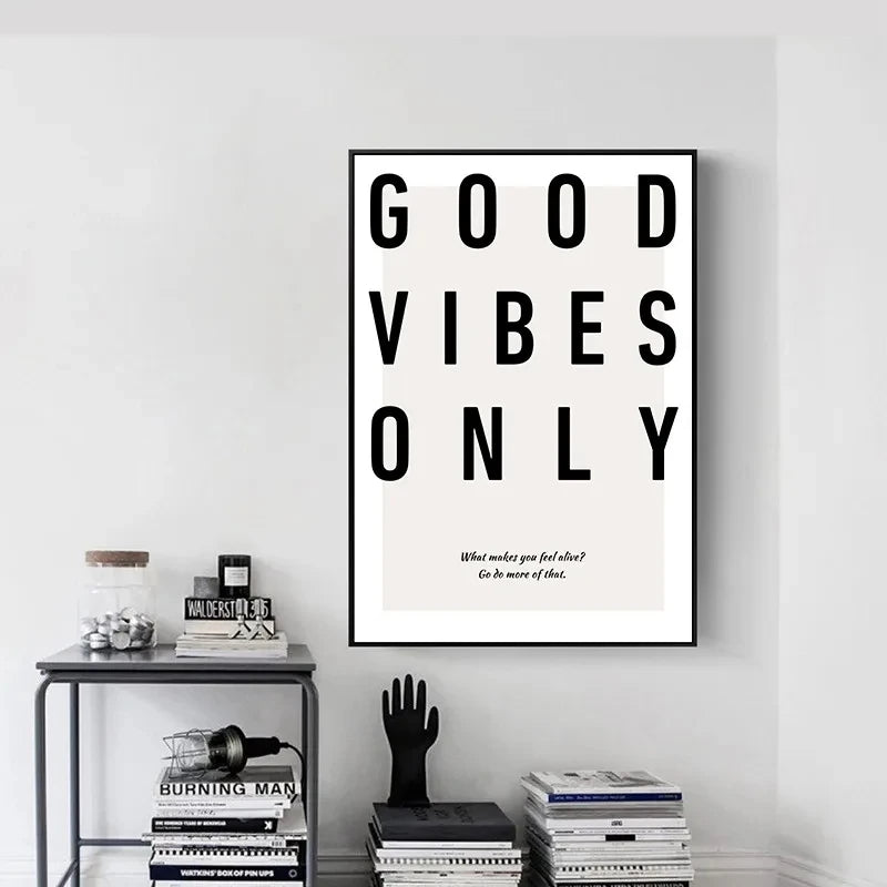 Minimalist Black White Motivational Quotes Poster and Print Canvas Painting Letter Good Vibes Only Wall Art Modern Home Decor