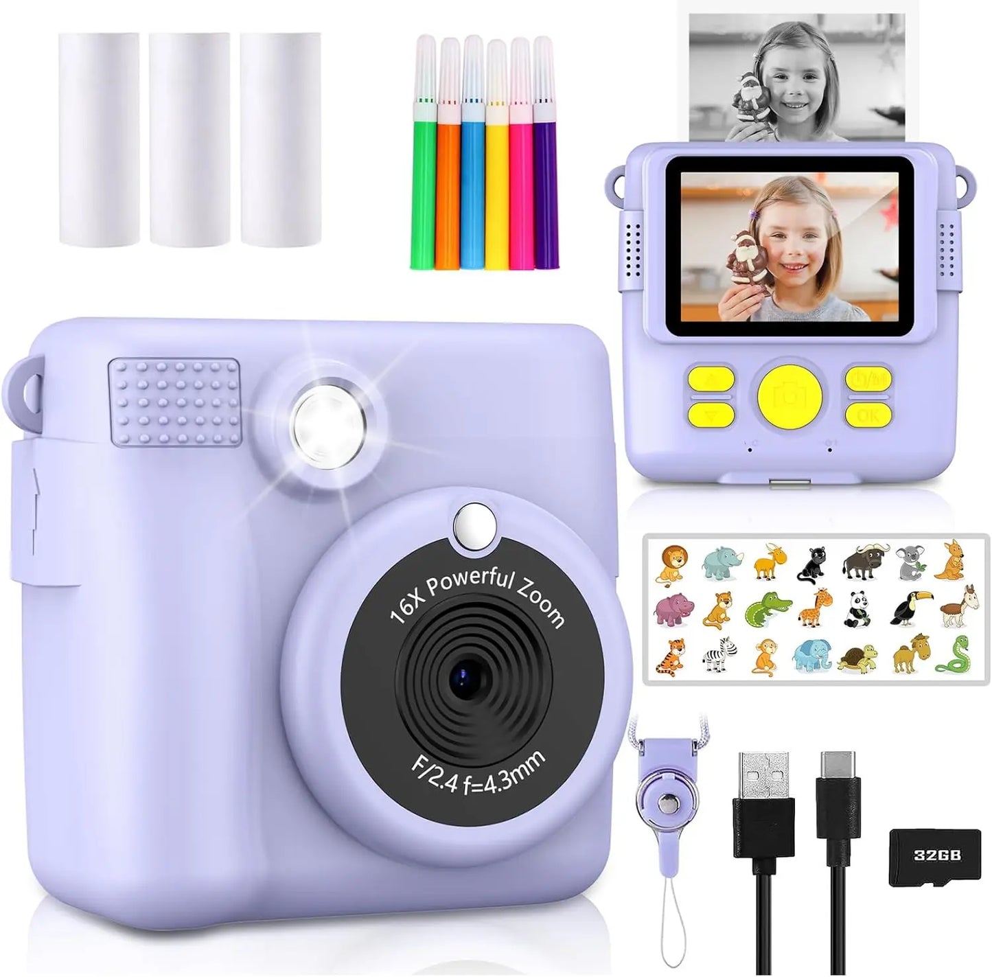 Mini Instant Camera for Boys and Girls, Portable Rechargeable Children's Digital Camera, HD Kids Camera with 32GB Memory Card