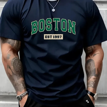 Boston EST1997 Retro Printed Men's New Cotton T-shirt Fashion Casual Loose Summer Cotton Couple Short Sleeve Large Size T-shirt