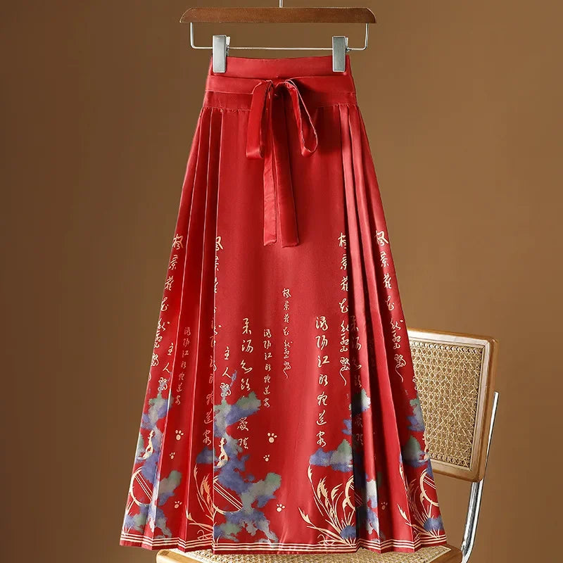 Maxi Chinese Style Horse Face Skirts Women Hanfu Vintage Harajuku Saia Casual Long Print Pleated Skirt Woman Clothing Faldas