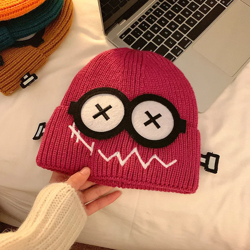 Kpop Cute Cartoon Cuff Beanie Cap Women's Candy Color Big Eyes Smile Skullies Hat Fashion Streetwear Student Warm Winter Knitted