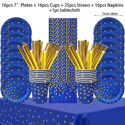 Blue Disposable Tableware Set Navy Blue Paper Plate Cups Tablecloth Straws Wedding Birthday Baby Shower Party Decorations