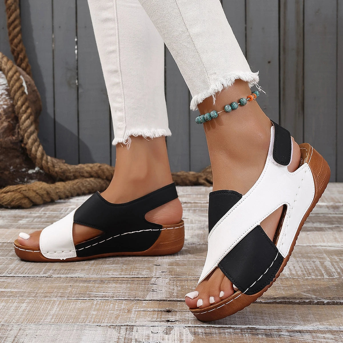 Women's Contrast Color Wedge Sandals Summer Peep Toe Non Slip Beach Shoes Woman Comfortable Platform Roman Sandalias Mujer 2024