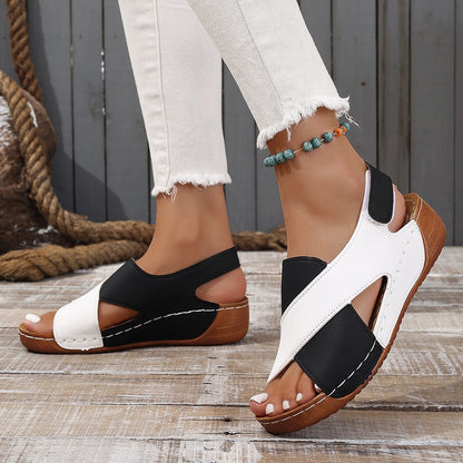 Women's Contrast Color Wedge Sandals Summer Peep Toe Non Slip Beach Shoes Woman Comfortable Platform Roman Sandalias Mujer 2024