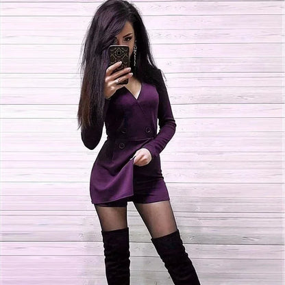 New Spring Women V-Neck Short Skirt Suit Solid Color Fashion Jumpsuit Slim Fit Buttons Long Sleeve Dress Party Dresses Gifts