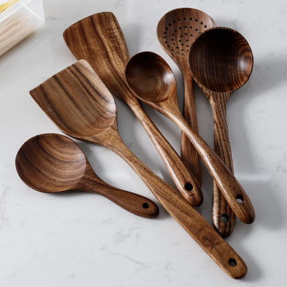 Kitchen Utensils Set Thailand Teak Wood Tableware Set Spoon Ladle Rice Colander Soup Skimmer Kitchenware Cooking Tools