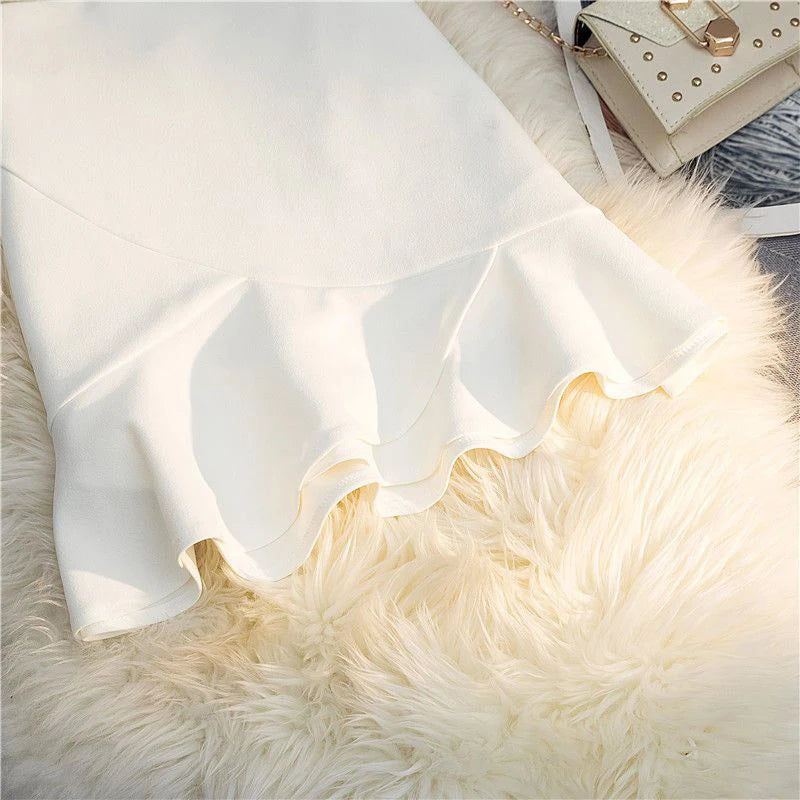 MEXZT Elegant Ruffles Mini Skirt Women Korean High Waist Wrap Mermaid Skirts Ladies Fashion Black White Trumpet Skirt Summer New