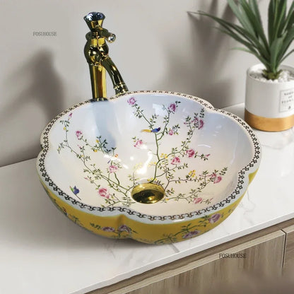 Luxury Hand-painted Bathroom Sinks Special-shaped Above Counter Basin Ceramic Wash Basin Designer Home Kitchen Art Single Basin