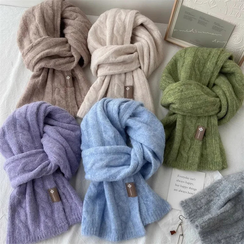 Pure Color Twist Knit Wool Blends Scarf Autumn Winter Lady Men Neckerchief Lovers Student Soft Warm Pashmina Shawl Muffler