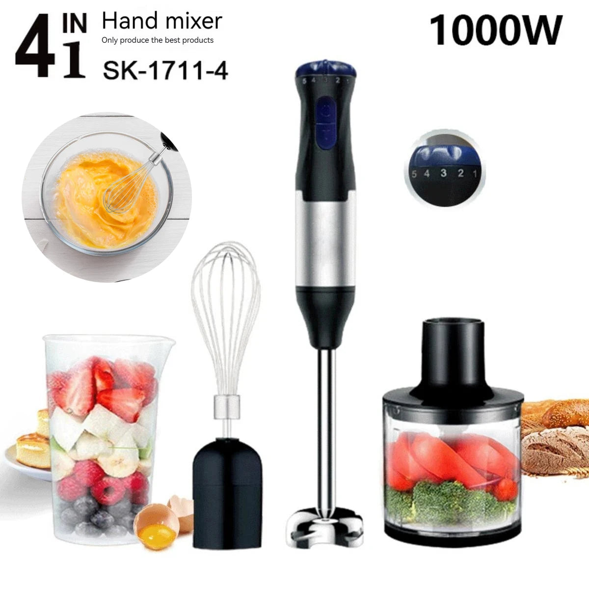 1000W Electric Stick Hand Blender 4 in 1 Handheld Mixer Stainless Steel Blade Vegetable Meat Immersion Egg Whisk Juicer Set