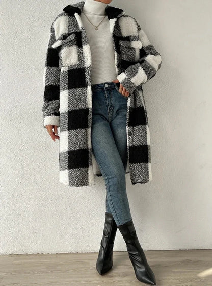 Cardigan 2023 Autumn Long Sleeved Turn-down Collar Plush Plaid Coat Loose Temperament Commuter Longline Jacket Women Outerwear