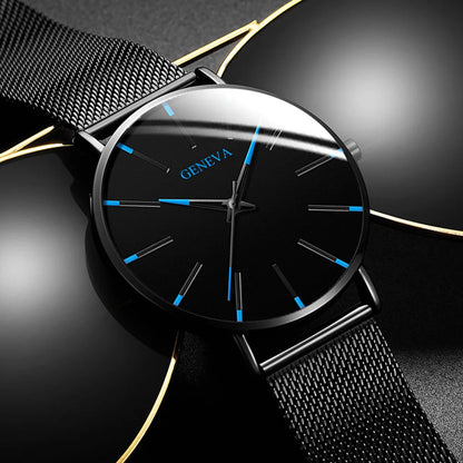 Fashion Mens Business Black Watches Luxury Stainless Steel Ultra Thin Mesh Belt Quartz Men Wrist Watch Casual Classic Male Watch