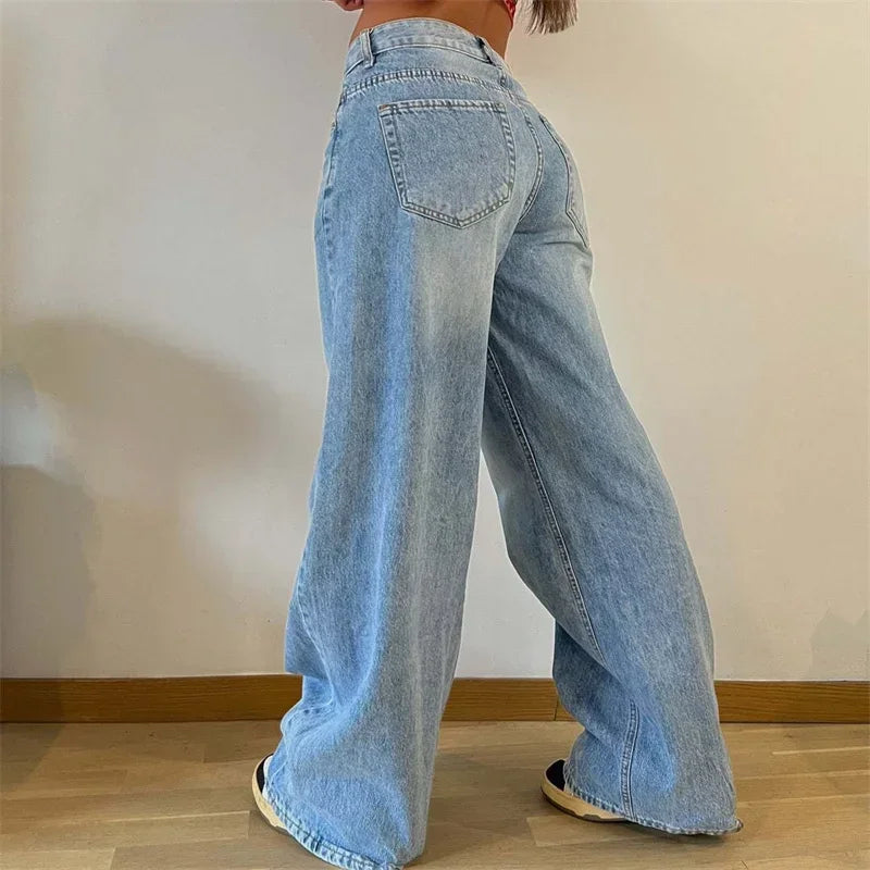 Vintage American-style Straight Jeans Women High Waist Casual Loose Denim Pants Female Comfortable Commuter Wide Leg Trousers 24