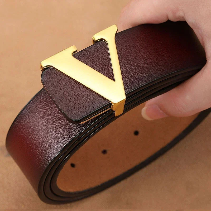 High Quality Smooth Buckle Belt Men's Genuine Leather Pure Cowhide Letter V Jeans Belt for Men Women Luxury Male Belt Designers