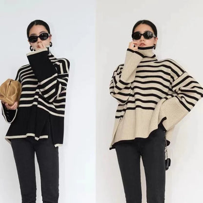 Women's Striped Turtleneck Sweater2023New Autumn and Winter Loose Design Niche Knitwear Pullover Coat