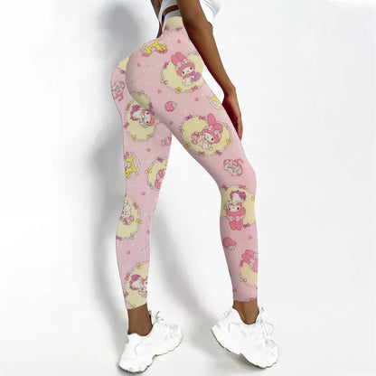 Women's sports and fitness leggings with Hello Kitty print stretch and sexy yoga pants for training, running, gym, fast drying,