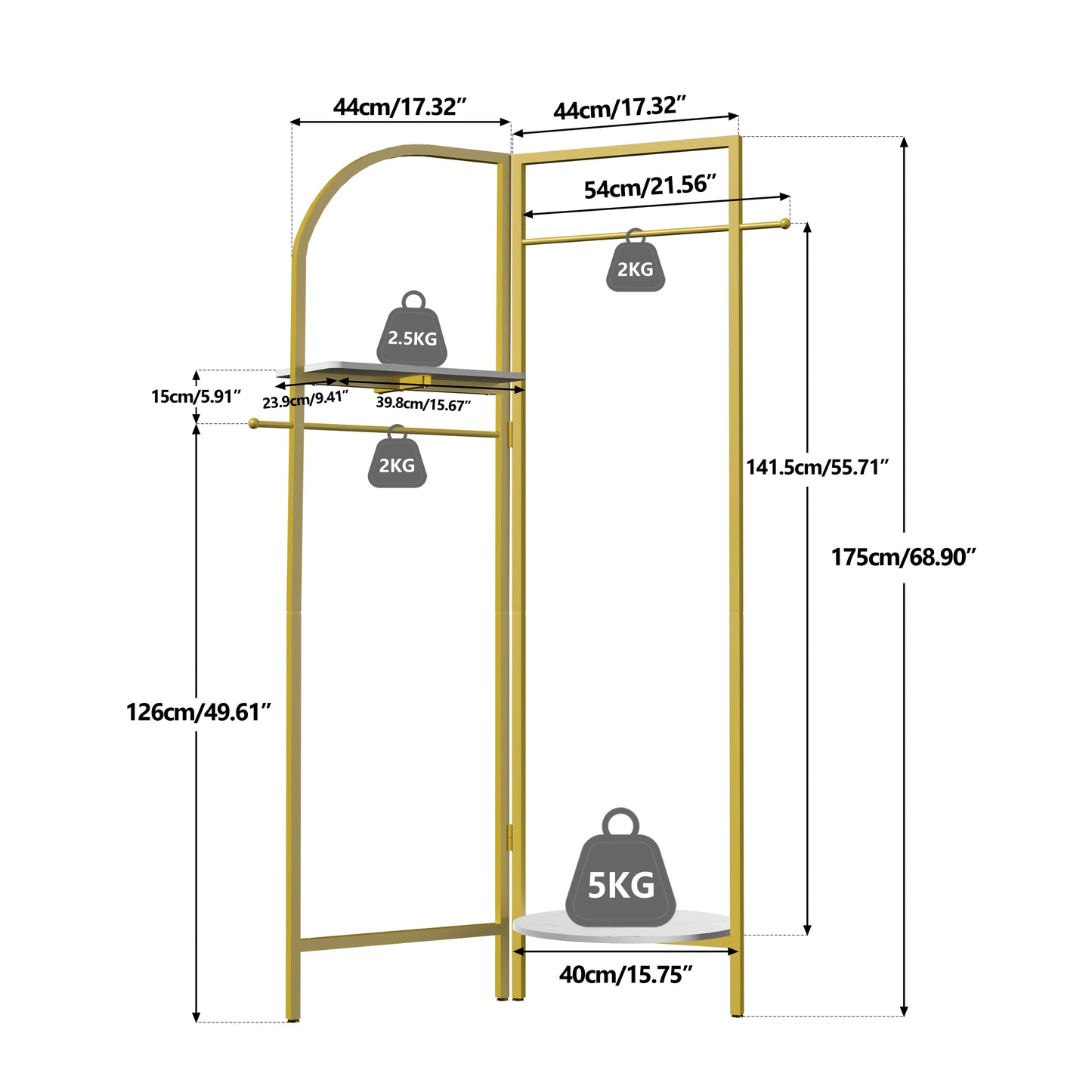 Adjustable Angle Gold Metal Coat Rack with Shelves and Hanging Rod Corner Clothes Stand for Home Clothes Organization