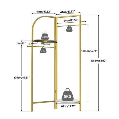 Adjustable Angle Gold Metal Coat Rack with Shelves and Hanging Rod Corner Clothes Stand for Home Clothes Organization