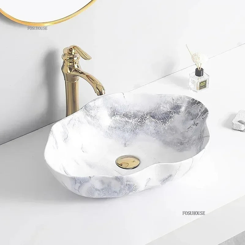 Ceramic Bathroom Sinks Designer Marble Pattern Countertop Sink Light Luxury Hotel Washbasin Creative Bathroom Furniture N