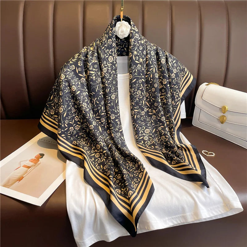 90*90Cm Square Scarf Twill Silk Feeling Women Head Shawls and Wraps Luxury Hair Tree Print Neck Scarves Hijab Bandana Pashmina