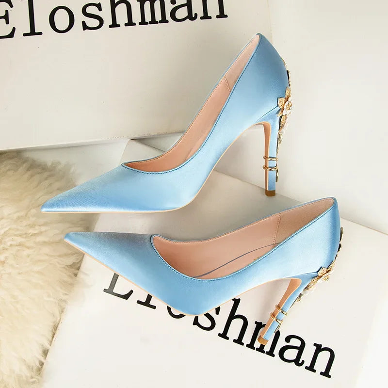 Women's Metal Flowers Stiletto High-heel Shoes Female New Light Luxury Sexy Fashion Wedding Shoes Pointed Toe Satin Single Shoes