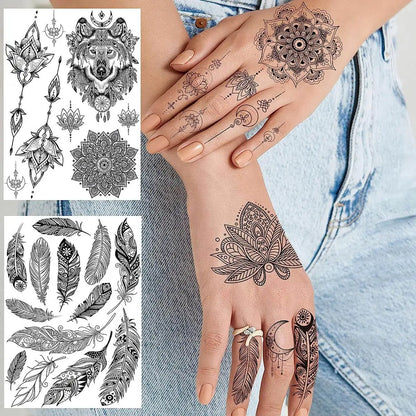 6 piezas de pegatinas de tatuaje temporal de henna negra únicas para adultos y mujeres, tatuajes falsos de plumas, mandalas, flores, tatuajes sexys para fiesta