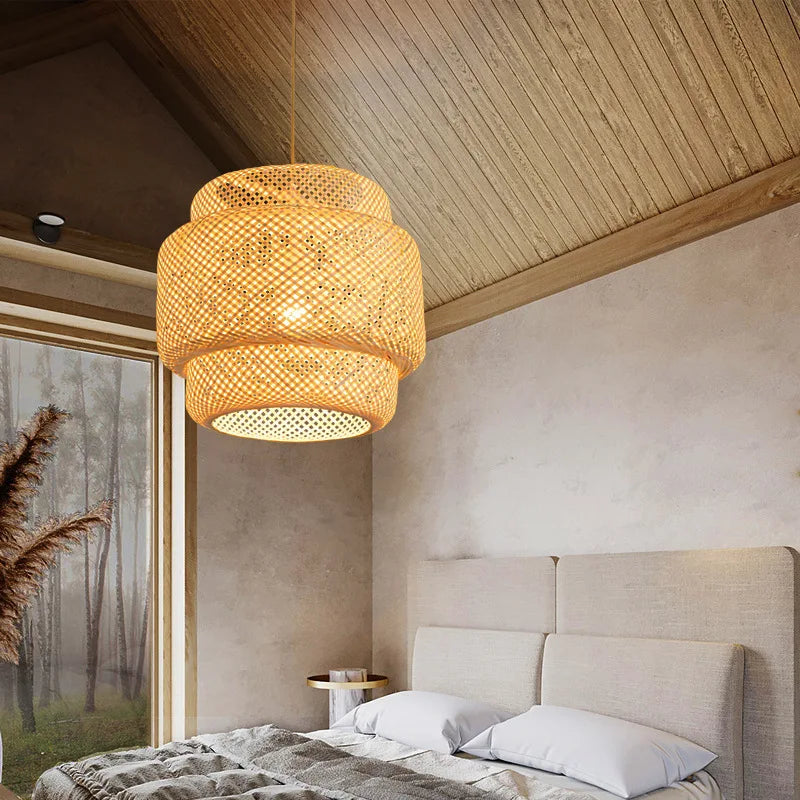 Bamboo Lantern pendent light Natural Rattan Wicker E27 Bulb Chandeliers pendent lamp Restaurant Home Decor AC85-260V