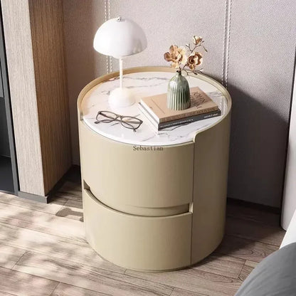 Round Bedside Table, Rock Board, All Solid Wood Small Coffee Table, Bedroom Cabinet, Light Luxury High-end Leather Cabinet