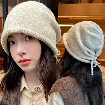 Fashion Drawstring Baggy Slouchy Beanie For Women Autumn Winter Ear Warm Skullies Cap Solid Color Bonnet Girl Kintted Woolen Hat