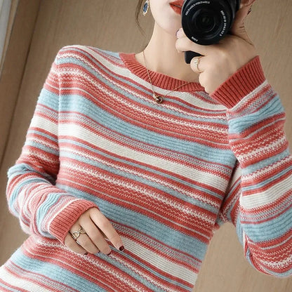 Autumn Winter Ladies Round Neck Pullover Knitwear Women Loose Fit Stripe Knit Coat Korean Female Large Size 4XL Rainbow Sweater