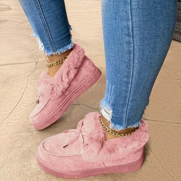 Solid Color Furry Females Feetwear Women Winter Cotton Shoes Plush Warm Snow Boots Ladies Casual Flat Short Boots 2023