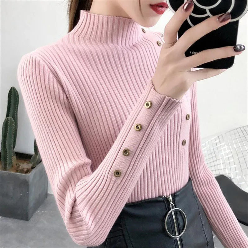 2023 Women Autumn Knitted Slim Sweaters Solid Knitted Female Cotton Soft Elastic Color Pullovers Button Full Sleeve Turtleneck