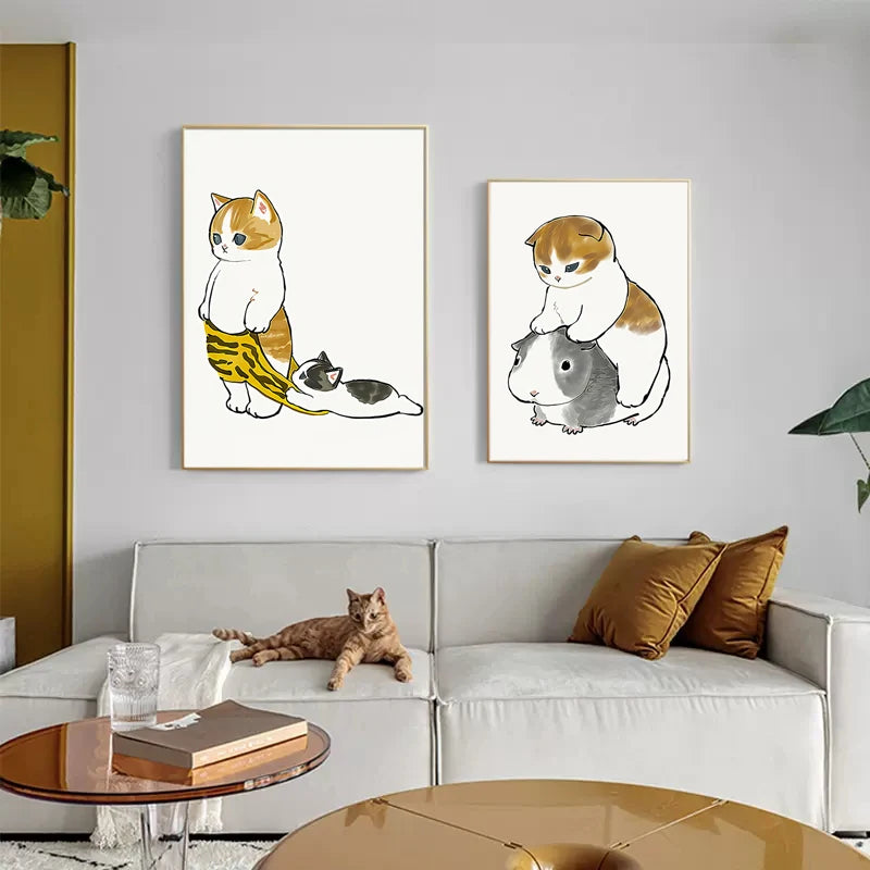 Toilet Cat Playing Mobile Phone Paper Poster Simple Pet Prints Canvas Painting Wall Art Pictures Home Bathroom Room Decoration