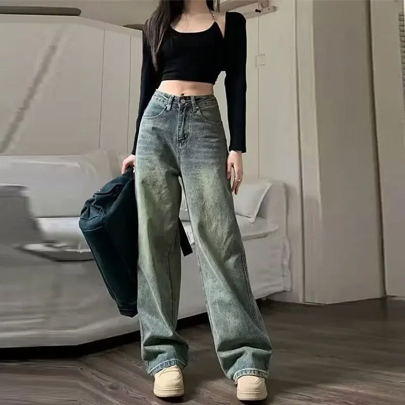 Vintage High-waisted Slimming Jeans American Style Casual Bell Bottoms Versatile Straight-leg Long Pants For Women