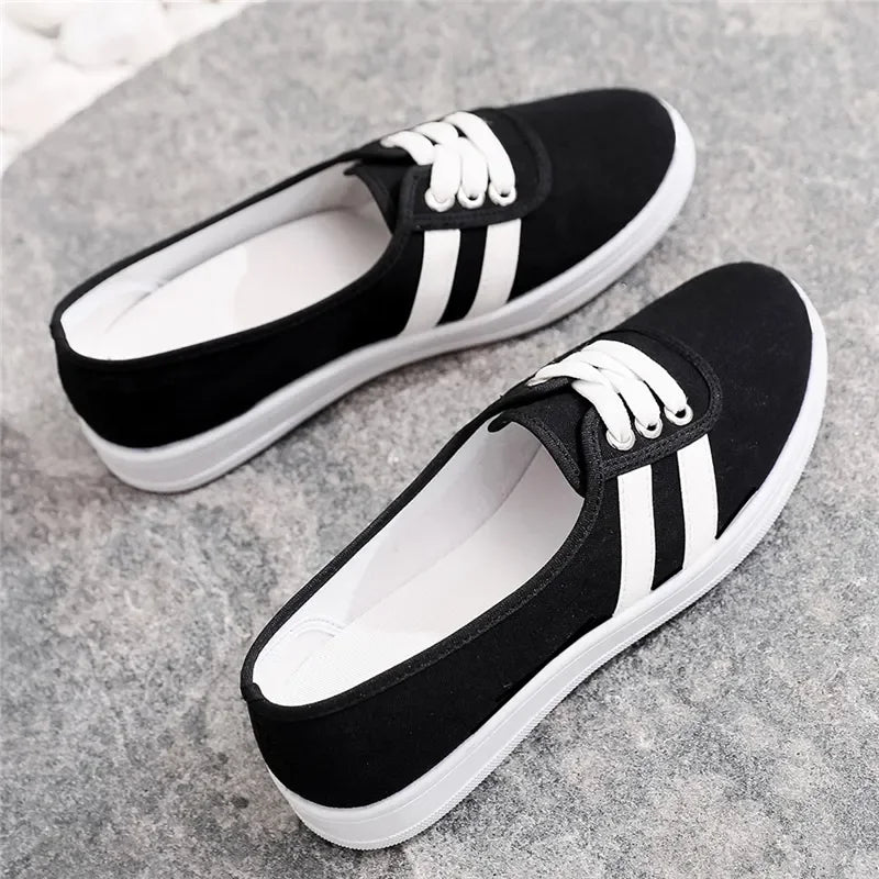 Lady Classic Round Toe White Canvas Shoes for Student School Women Cool Black Comfort Street Lace Up Shoes Zapatos De Mujer F921