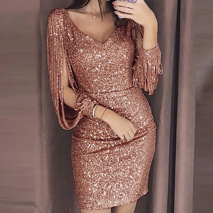 Women Sequin Dress Glitter Sparkle Sexy V Neck Short Dress Long Tassel Sleeve Sexy Club Party Dress Vestidos