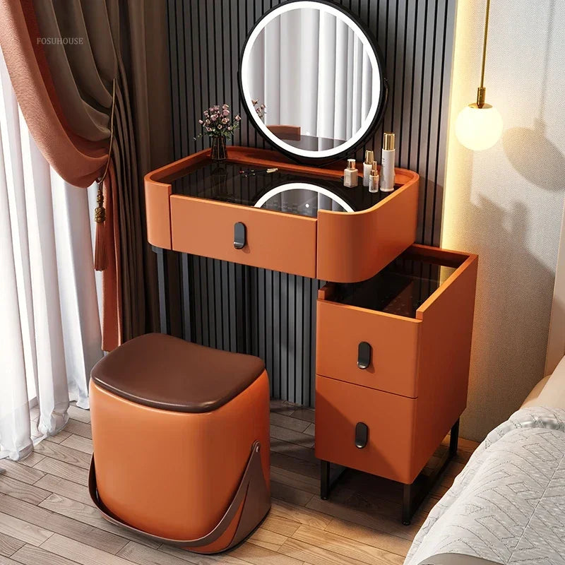 Italian Simple Dressers for Bedroom Light Luxury Artificial Board Dresser for Room Small with Chair LED Mirror Dressing Table